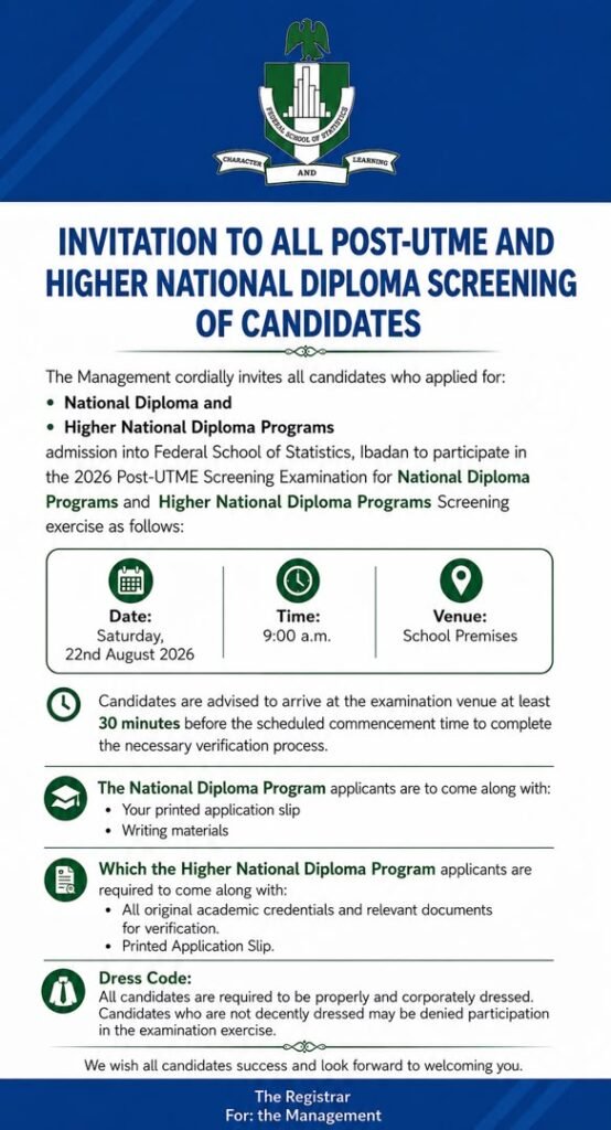 Invitation To All Post-UTME And Higher National Diploma Screening Of Candidates